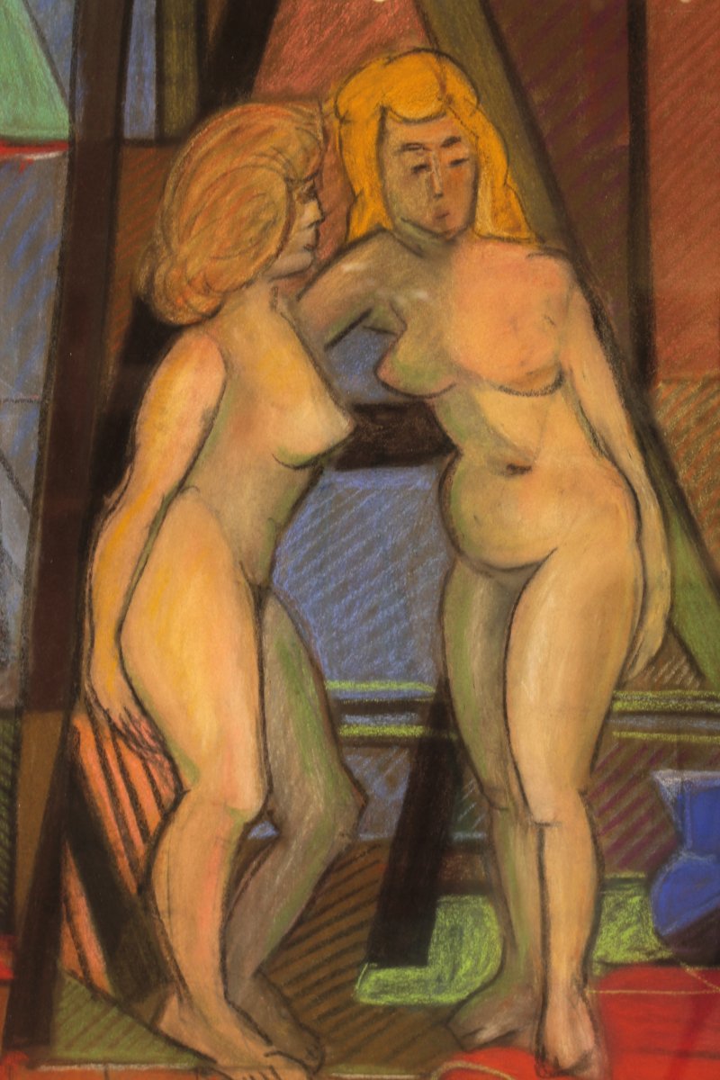 Pastel By Marceau Constantin Titled "les Deux Modèles Du Vert-galant – Paris," 1955.-photo-2