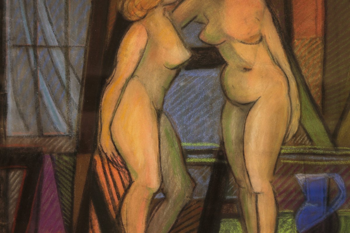 Pastel By Marceau Constantin Titled "les Deux Modèles Du Vert-galant – Paris," 1955.-photo-3