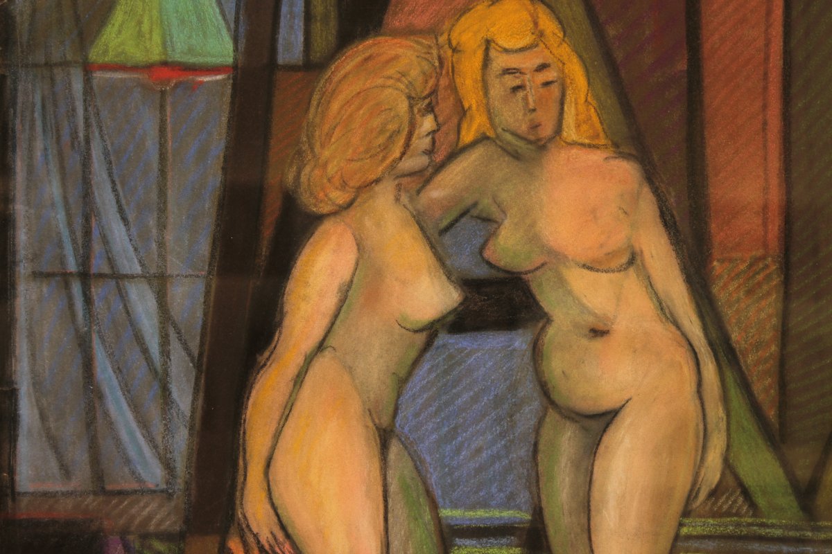 Pastel By Marceau Constantin Titled "les Deux Modèles Du Vert-galant – Paris," 1955.-photo-6