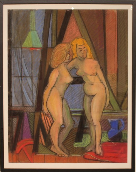 Pastel By Marceau Constantin Titled "les Deux Modèles Du Vert-galant – Paris," 1955.