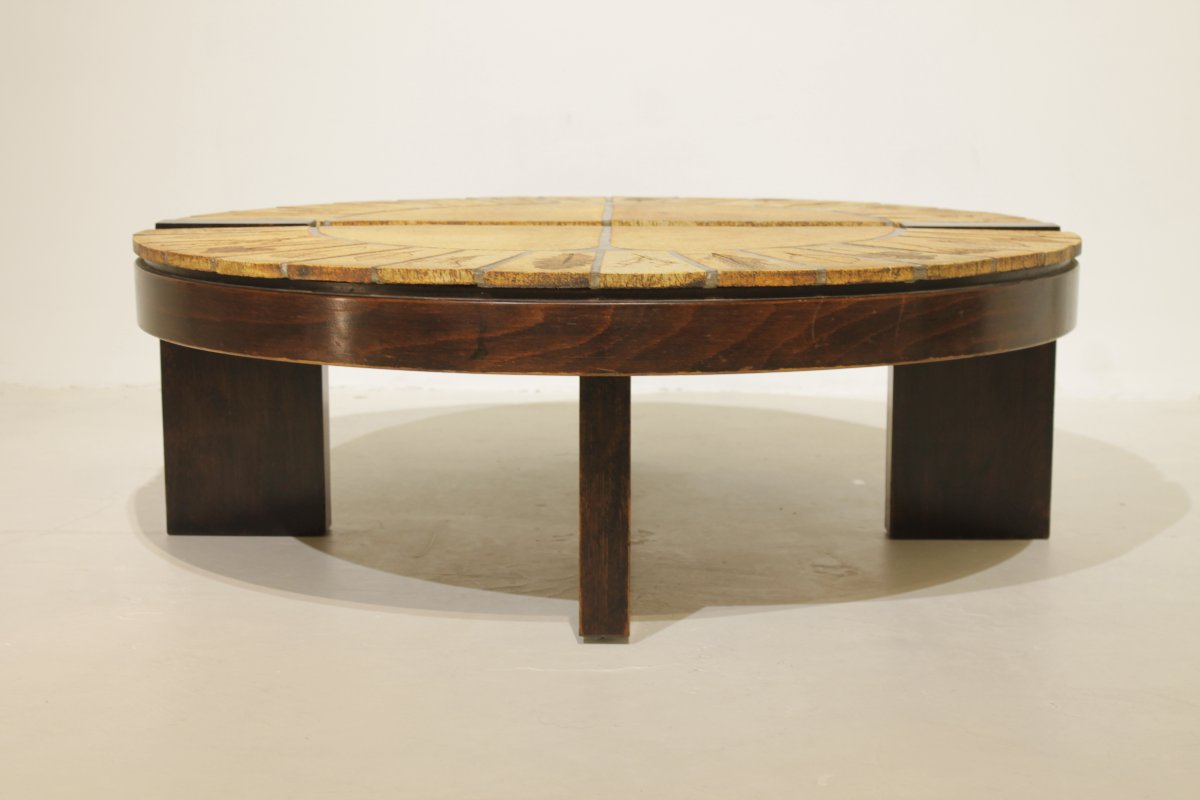 Roger Capron "herbier" Round Coffee Table, Vallauris—ceramic And Wooden Frame-photo-2