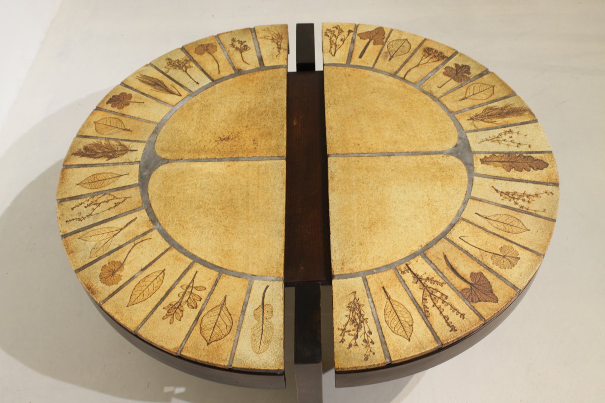 Roger Capron "herbier" Round Coffee Table, Vallauris—ceramic And Wooden Frame-photo-3