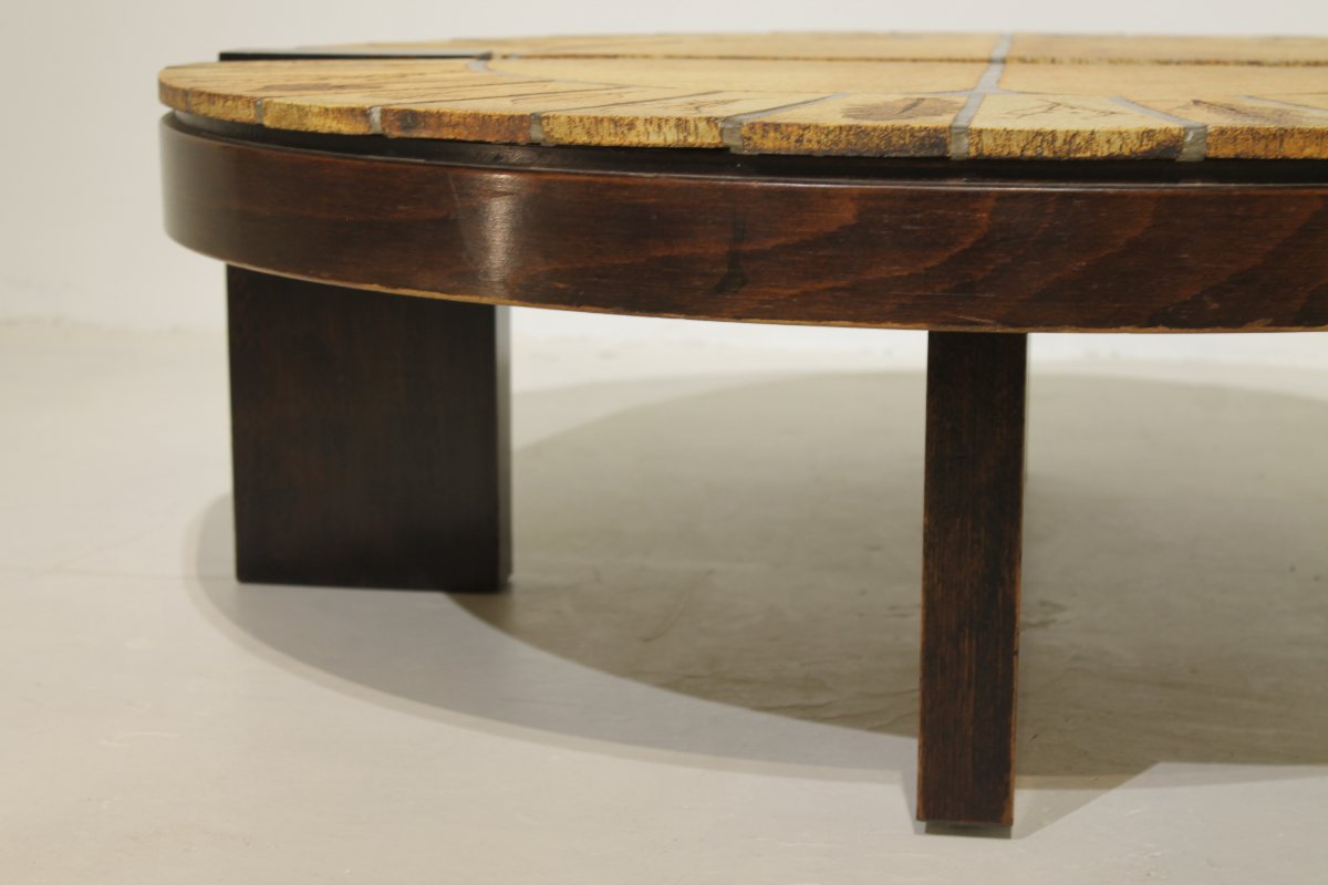 Roger Capron "herbier" Round Coffee Table, Vallauris—ceramic And Wooden Frame-photo-1
