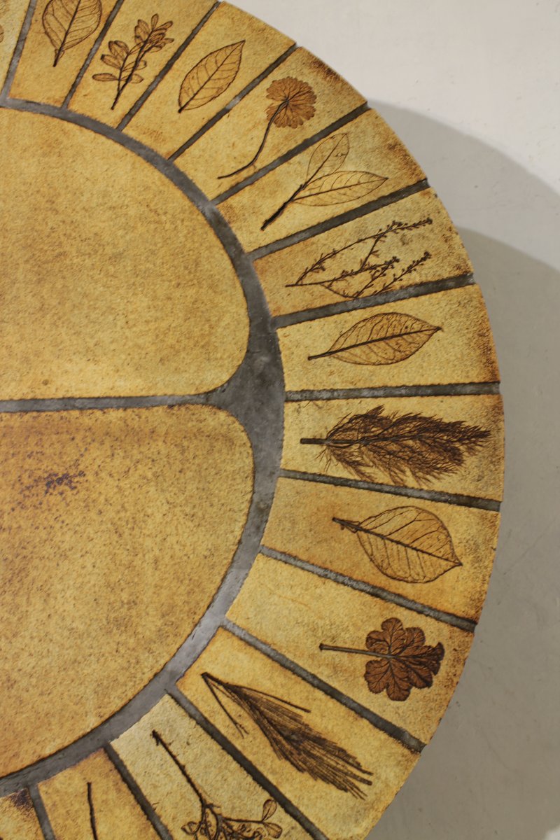 Roger Capron "herbier" Round Coffee Table, Vallauris—ceramic And Wooden Frame-photo-2