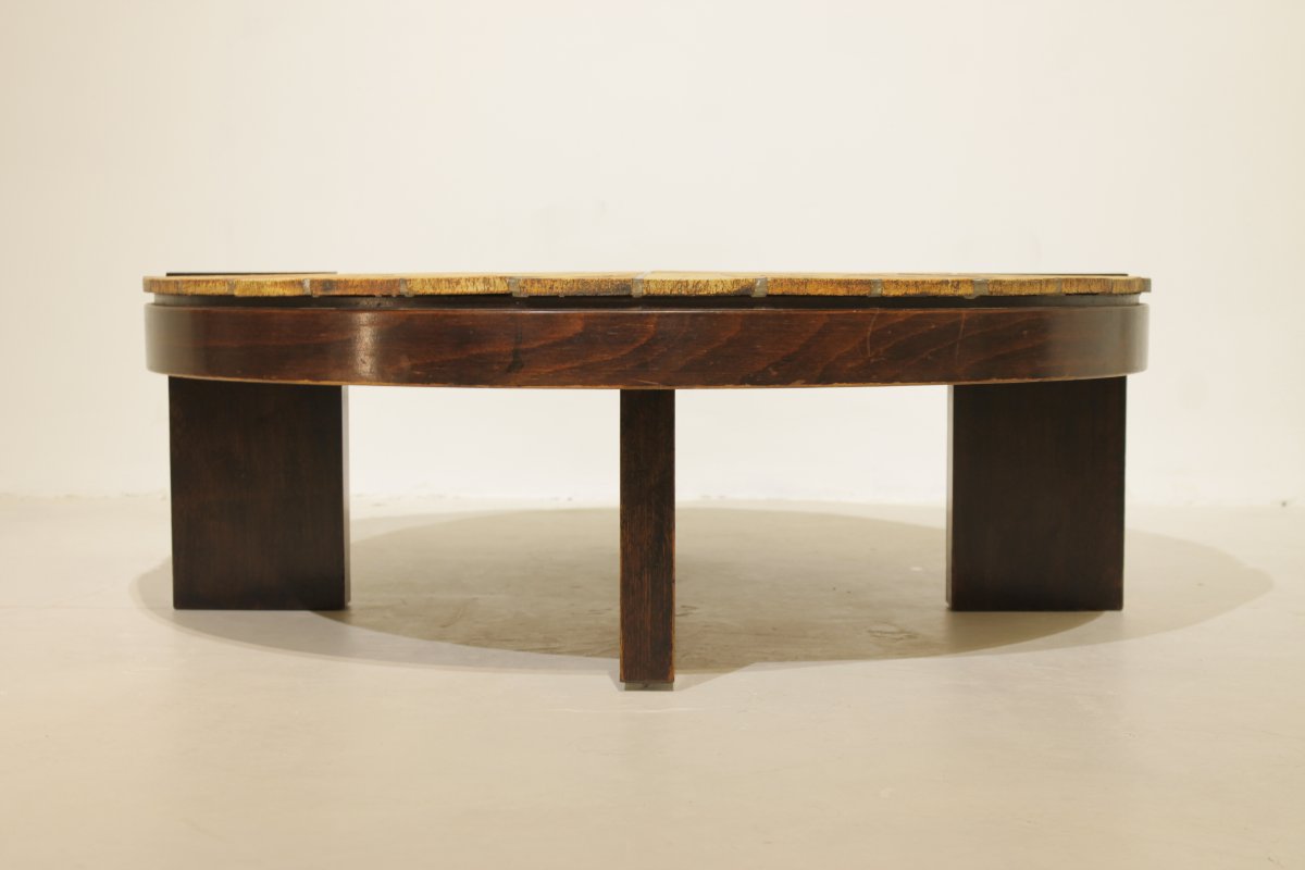 Roger Capron "herbier" Round Coffee Table, Vallauris—ceramic And Wooden Frame-photo-3