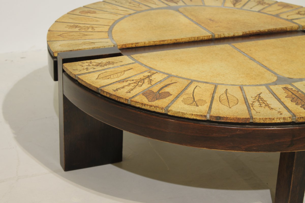 Roger Capron "herbier" Round Coffee Table, Vallauris—ceramic And Wooden Frame-photo-5