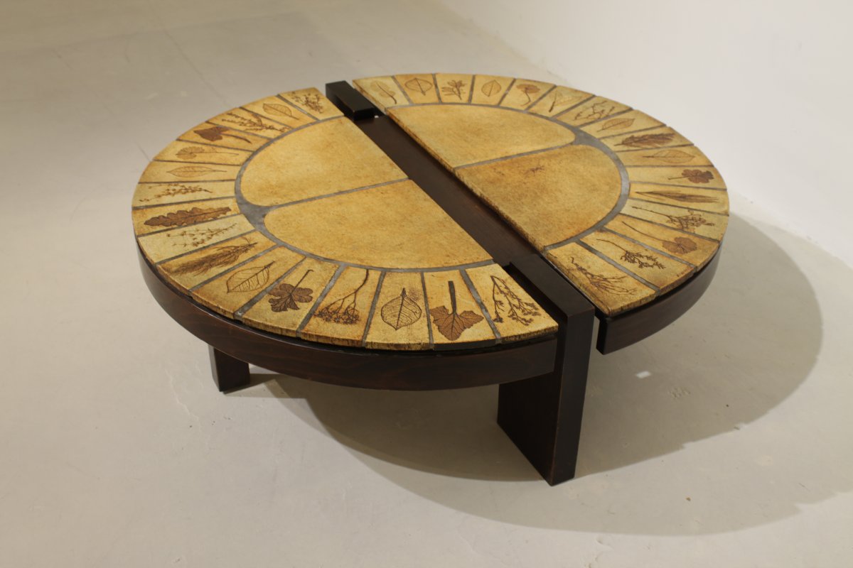 Roger Capron "herbier" Round Coffee Table, Vallauris—ceramic And Wooden Frame-photo-7