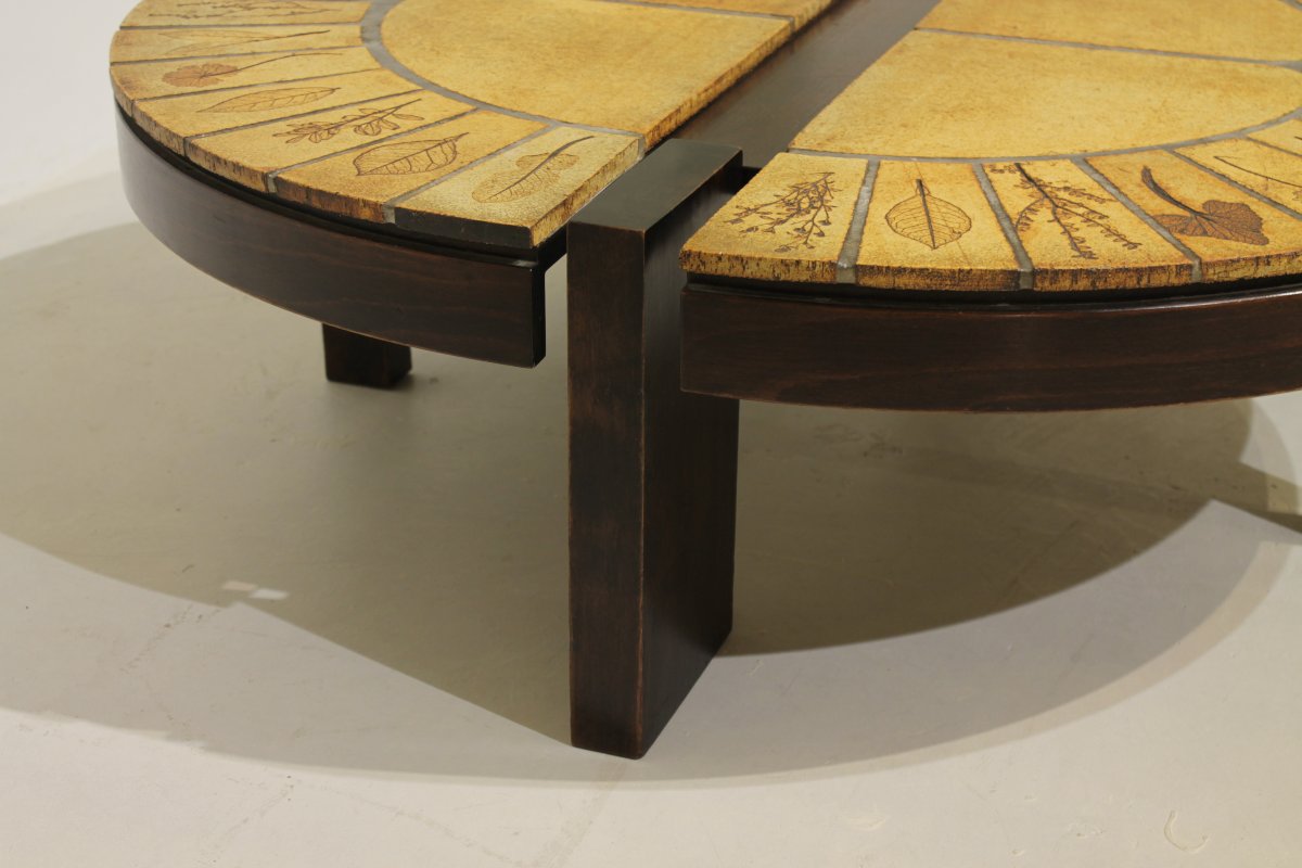 Roger Capron "herbier" Round Coffee Table, Vallauris—ceramic And Wooden Frame-photo-8