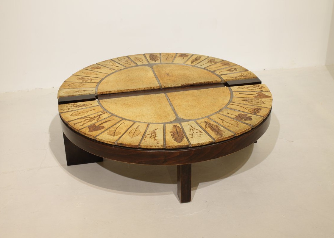 Roger Capron "herbier" Round Coffee Table, Vallauris—ceramic And Wooden Frame