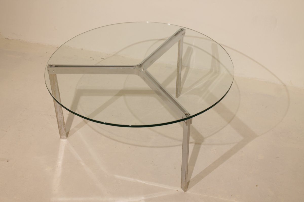 Glass And Nickel-plated Steel Coffee Table - 1950s/1960s-photo-3