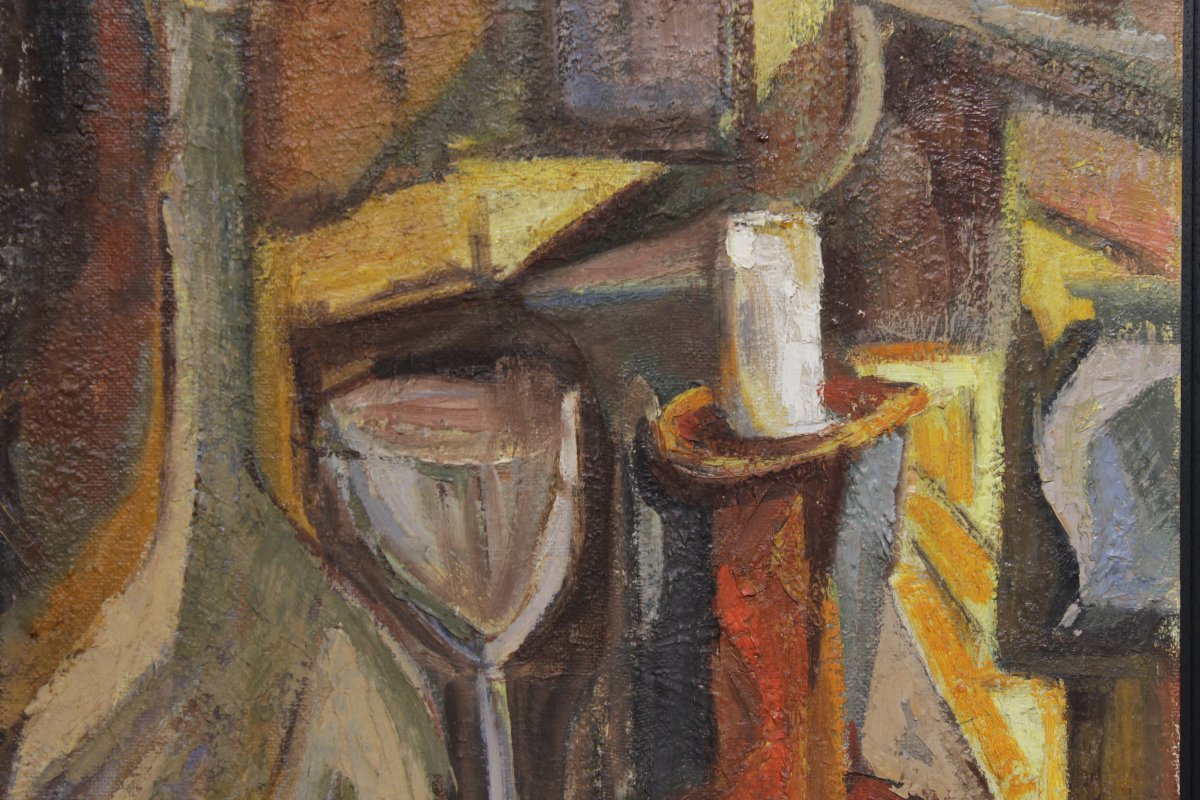 Signed Cubist Still Life - Oil On Panel -photo-1
