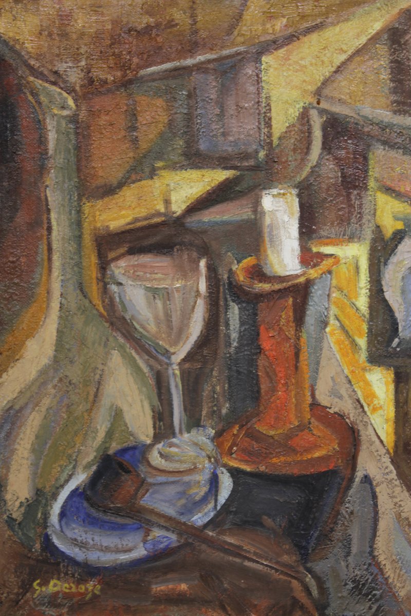 Signed Cubist Still Life - Oil On Panel -photo-3