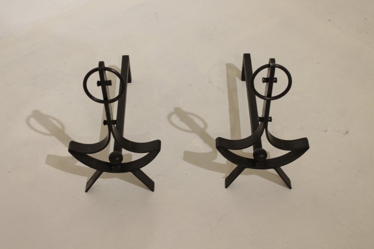Pair Of Modernist Wrought-iron Andirons -photo-3