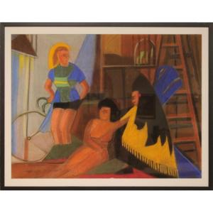 Pastel By Marceau Constantin Titled "models With Cyclist, Paris," 1951.