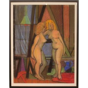Pastel By Marceau Constantin Titled "les Deux Modèles Du Vert-galant – Paris," 1955.