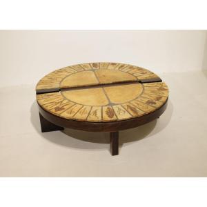 Roger Capron "herbier" Round Coffee Table, Vallauris—ceramic And Wooden Frame