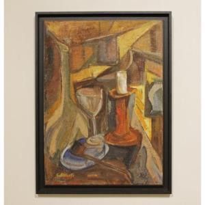 Nature morte cubiste signée - Huile sur panneau