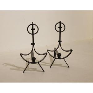 Pair Of Modernist Wrought-iron Andirons