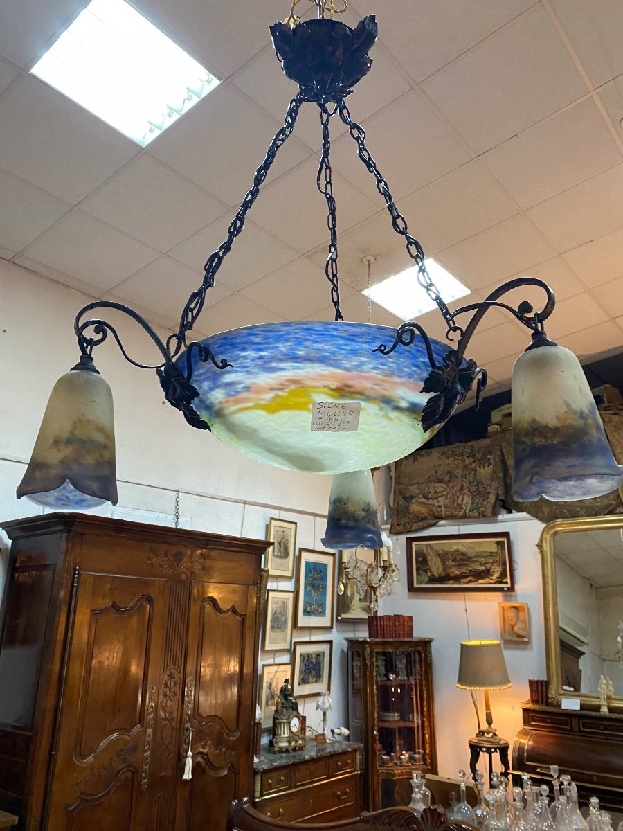 Vasque Chandelier With Three Tulips Signed Muller-photo-2