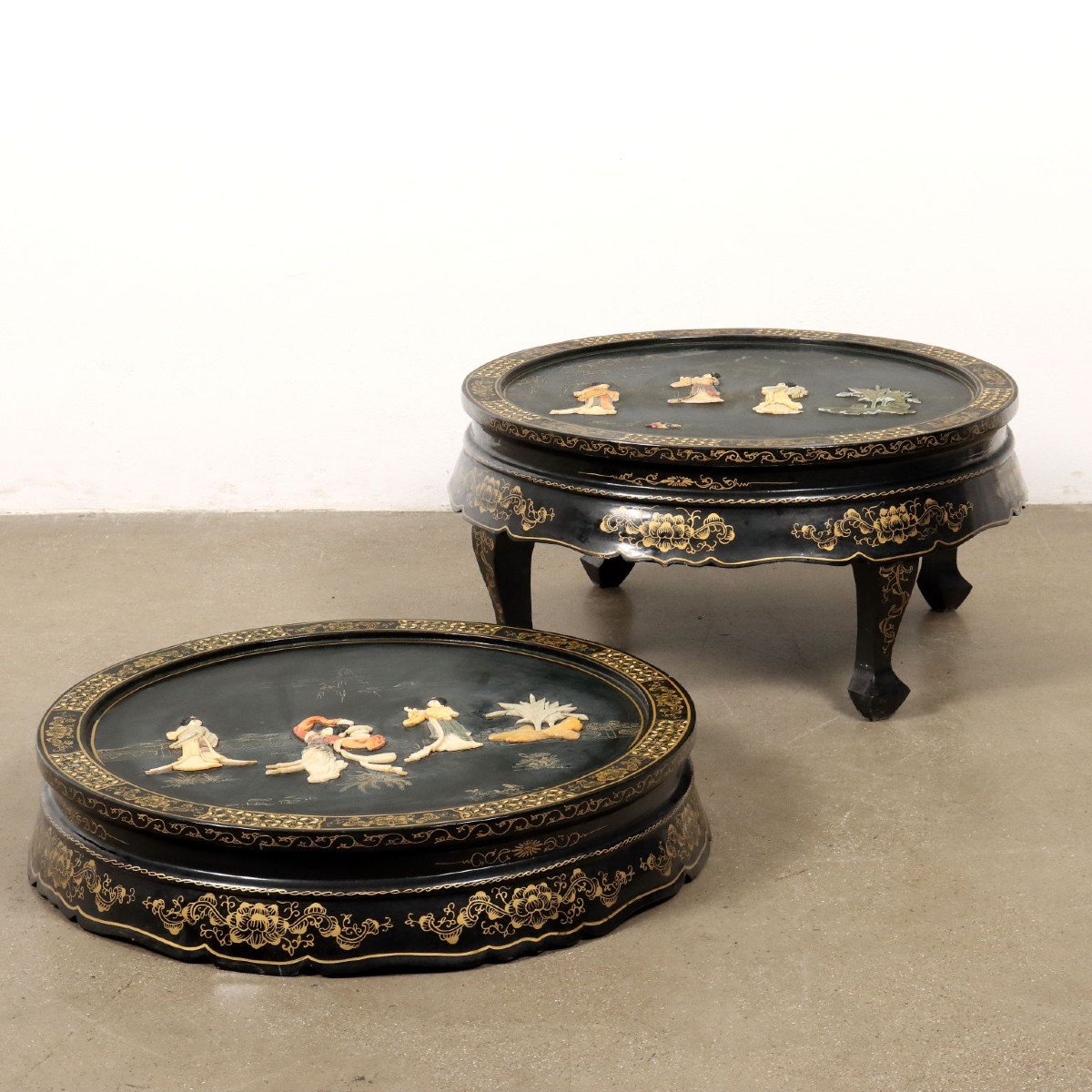 Pair Of Antique Round Coffee Tables Lacquered Wood China '900-photo-3