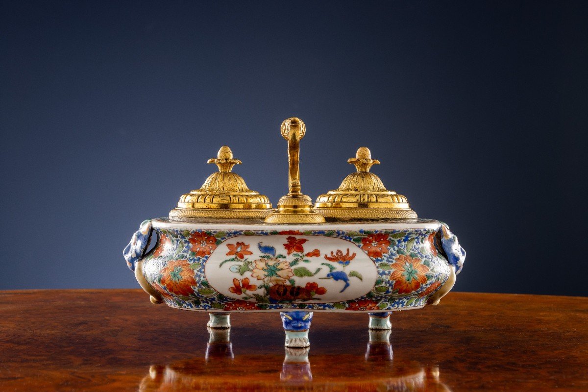 Antique Inkwell Regency Gilded Bronze Porcelain England XIX Century-photo-1