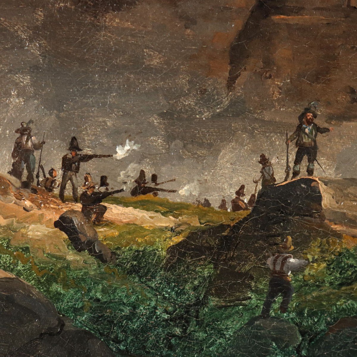 Clash Between Military And Guerrillas In Spain Antique Painting Signed G. Canella -photo-4