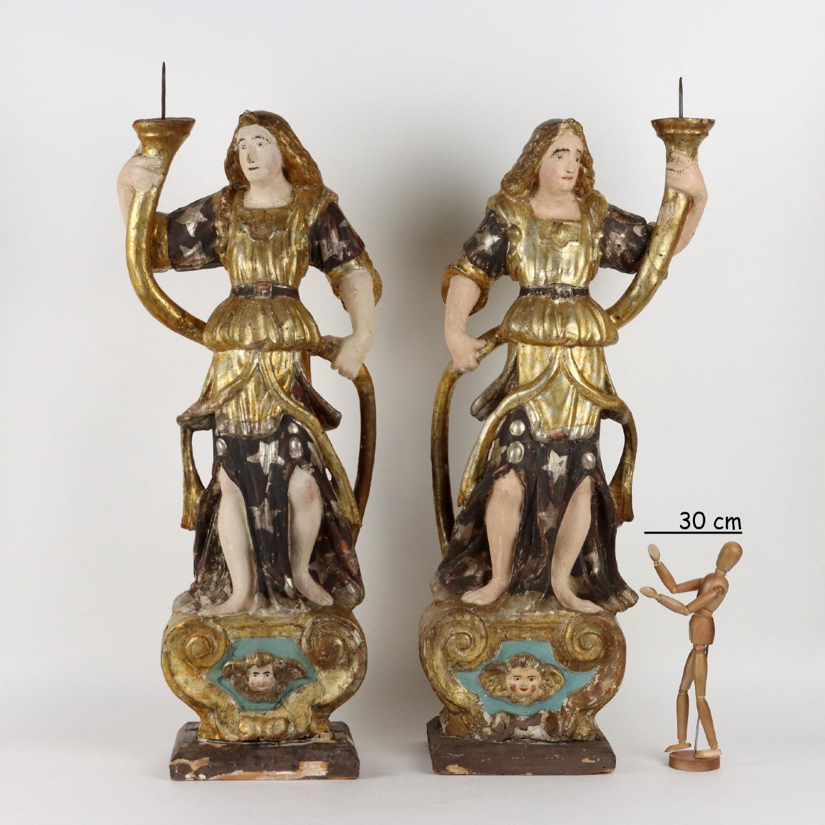 Angelots Anciens Pour Bougies Bois Laqué Italie XVIIIe Siècle-photo-2