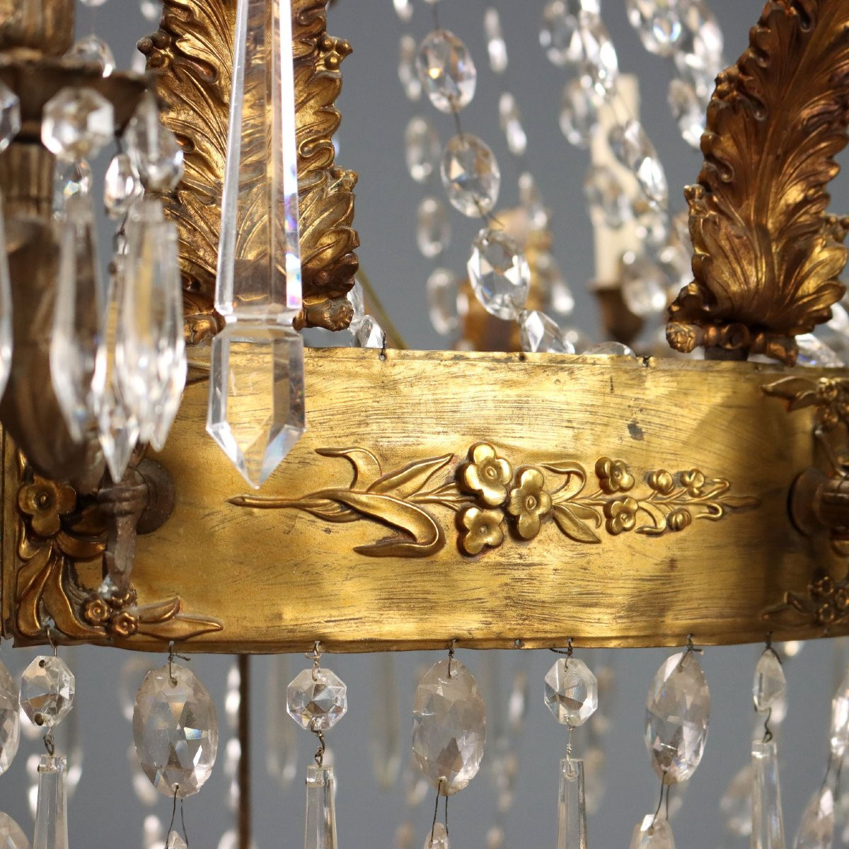 Antique Balloon-shaped Chandelier Gilded Metal Glass XIX Century-photo-5