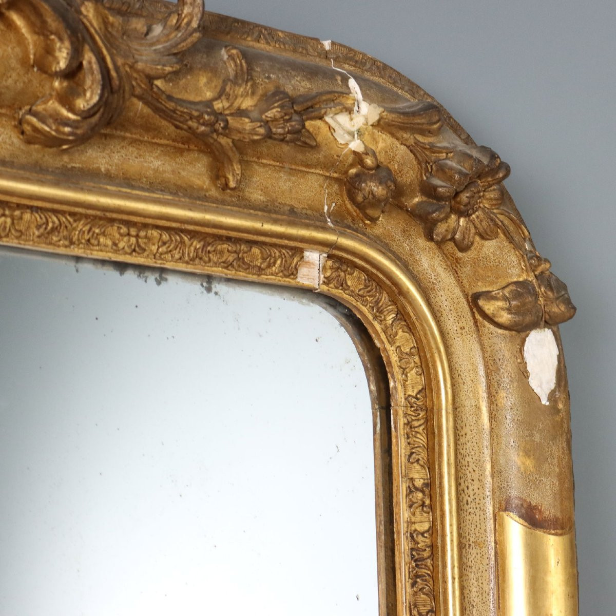 Miroir Ancien Bois Doré Gravé France du XIXe Siècle-photo-2