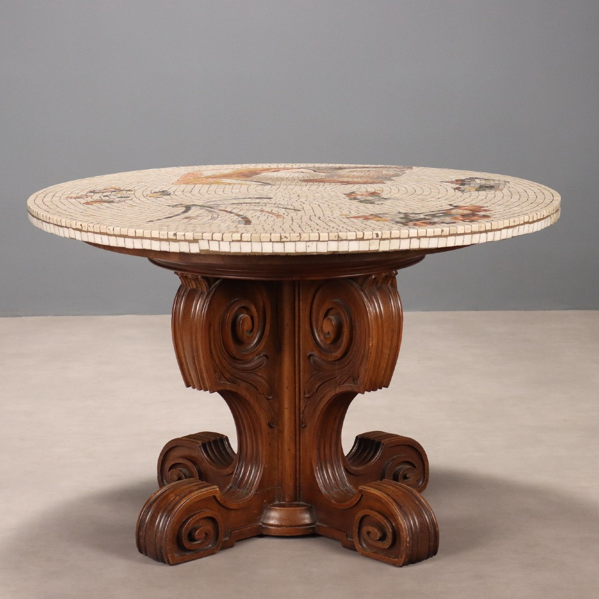 Table Ronde Ancienne Noyer Plateau avec Mosaïque XIXe Siècle
