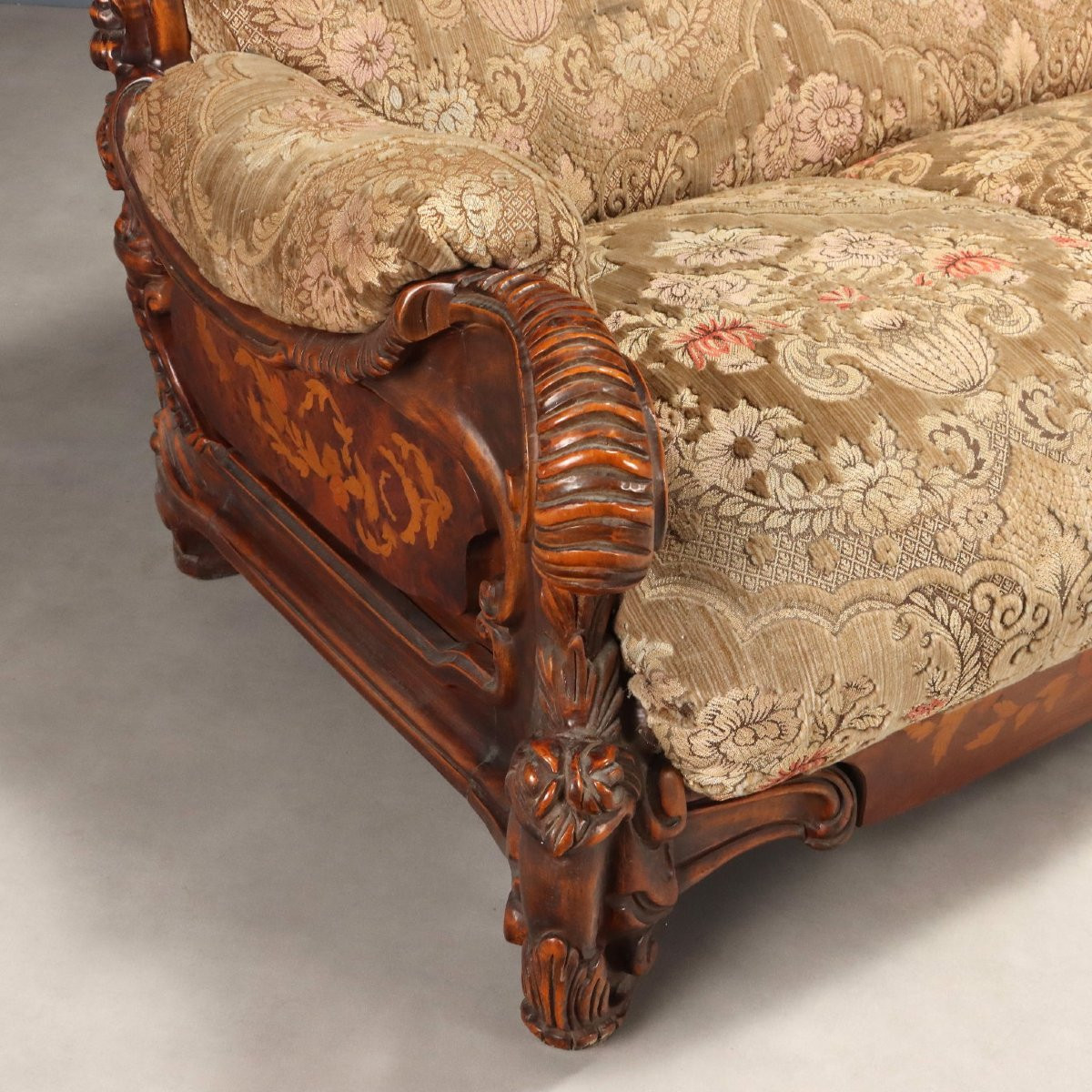 Antique Sofa Eclectic Style American Walnut Fabric XX Century-photo-2