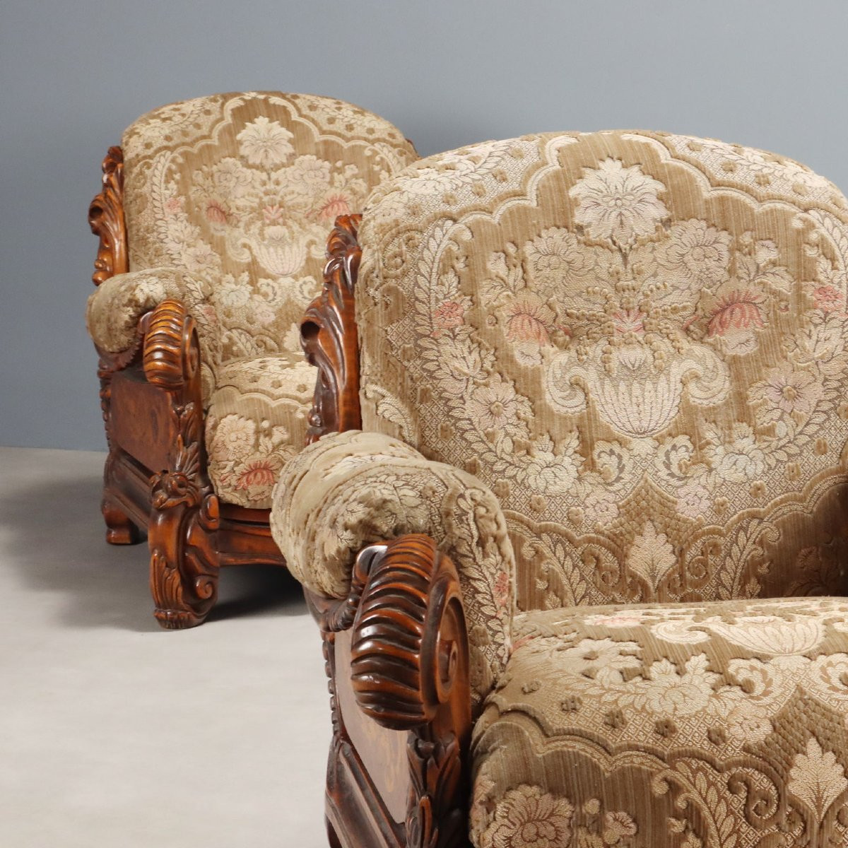 Antique Armchairs Eclectic Style Walnut Fabric Italy XX Century-photo-3