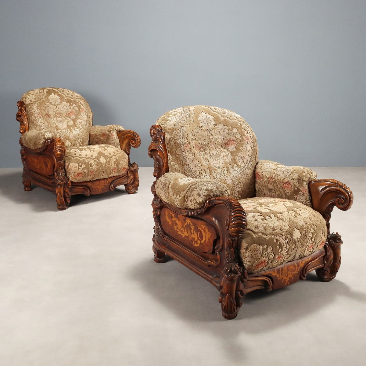 Antique Armchairs Eclectic Style Walnut Fabric Italy XX Century