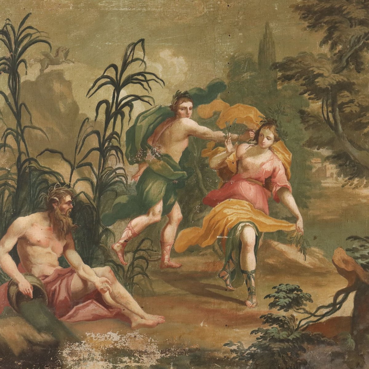 Tableau Ancien Apollon et Daphné Huile sur Toile du XVIIIe Siècle-photo-3