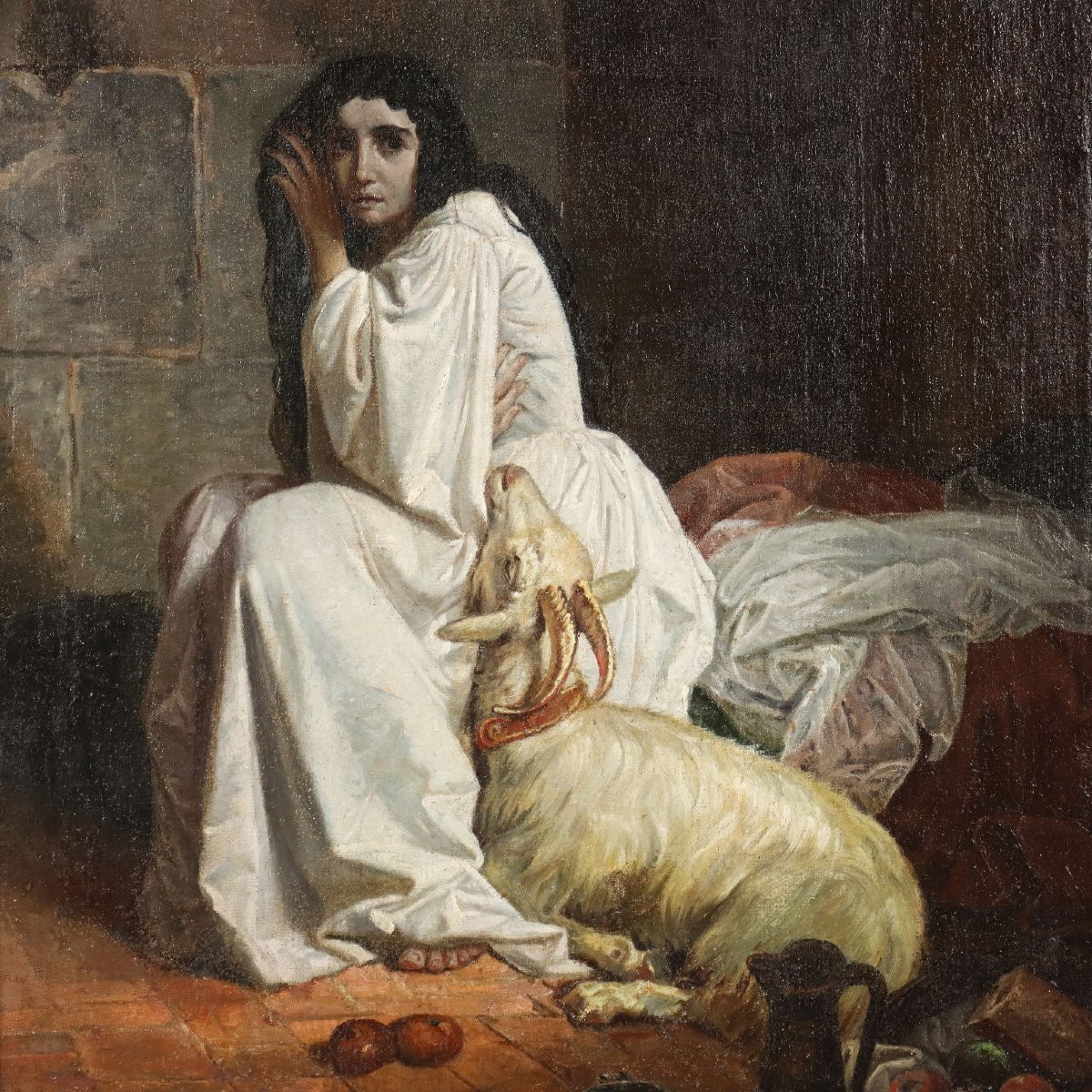 Esmeralda dans la tour de Notre-Dame Tableau Ancien XIXe Siècle-photo-3