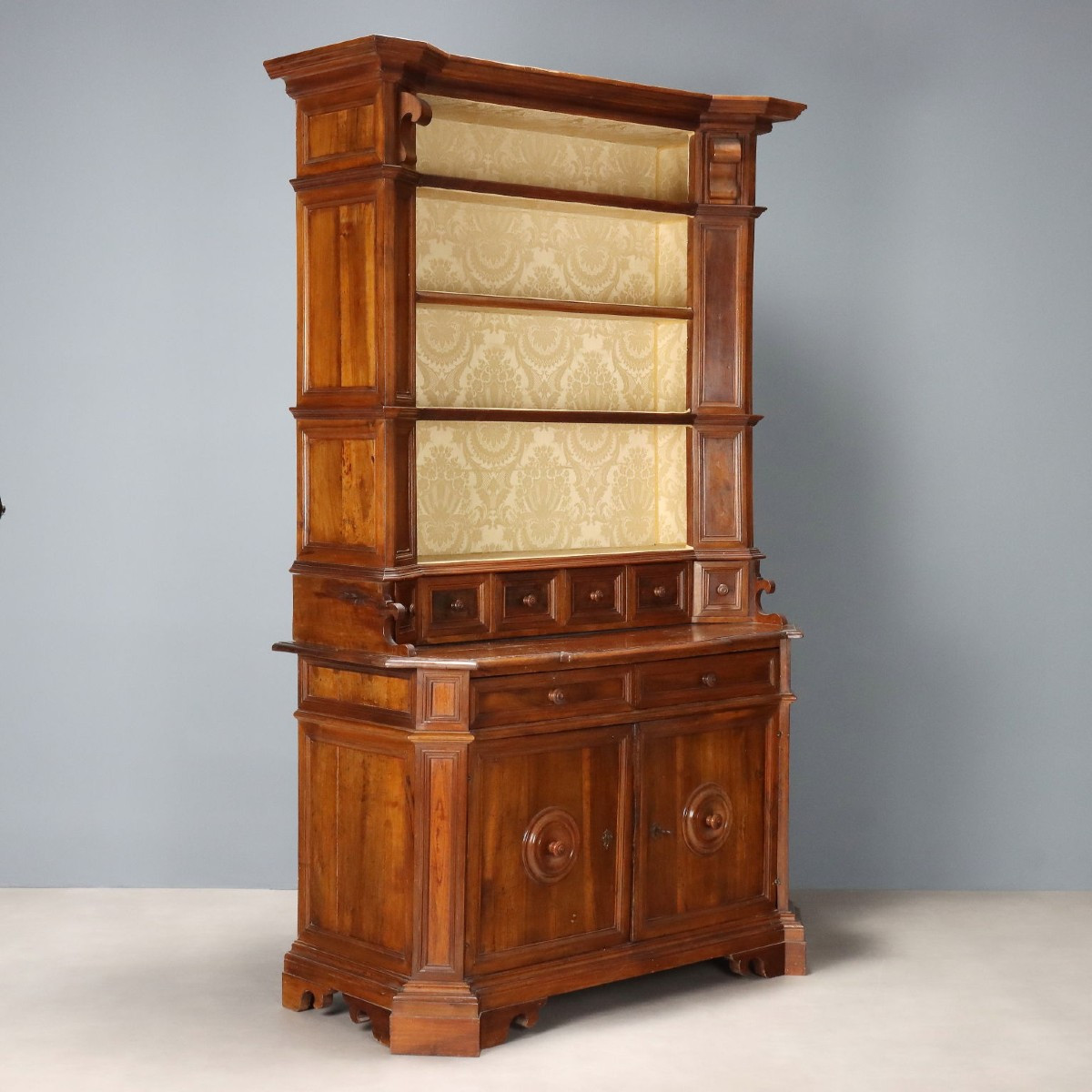 Antique Cupboard Walnut 6 Drawers With Upper Part XIX Century