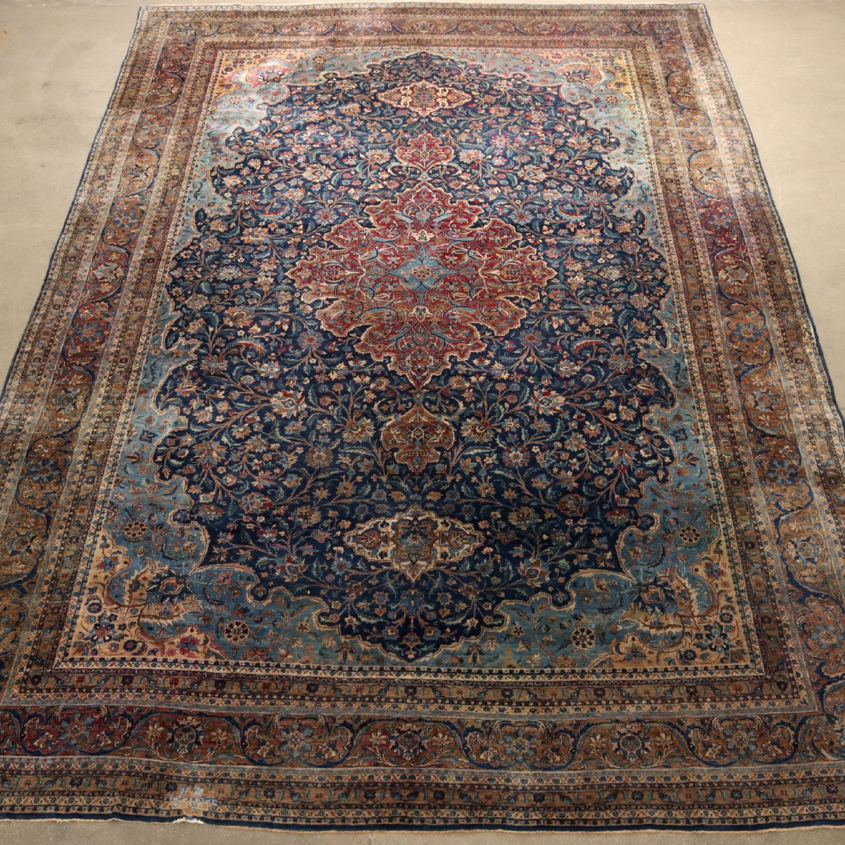 Antique Mashad Carpet Cotton Wool Thin Knot Iran 224 X 138 In