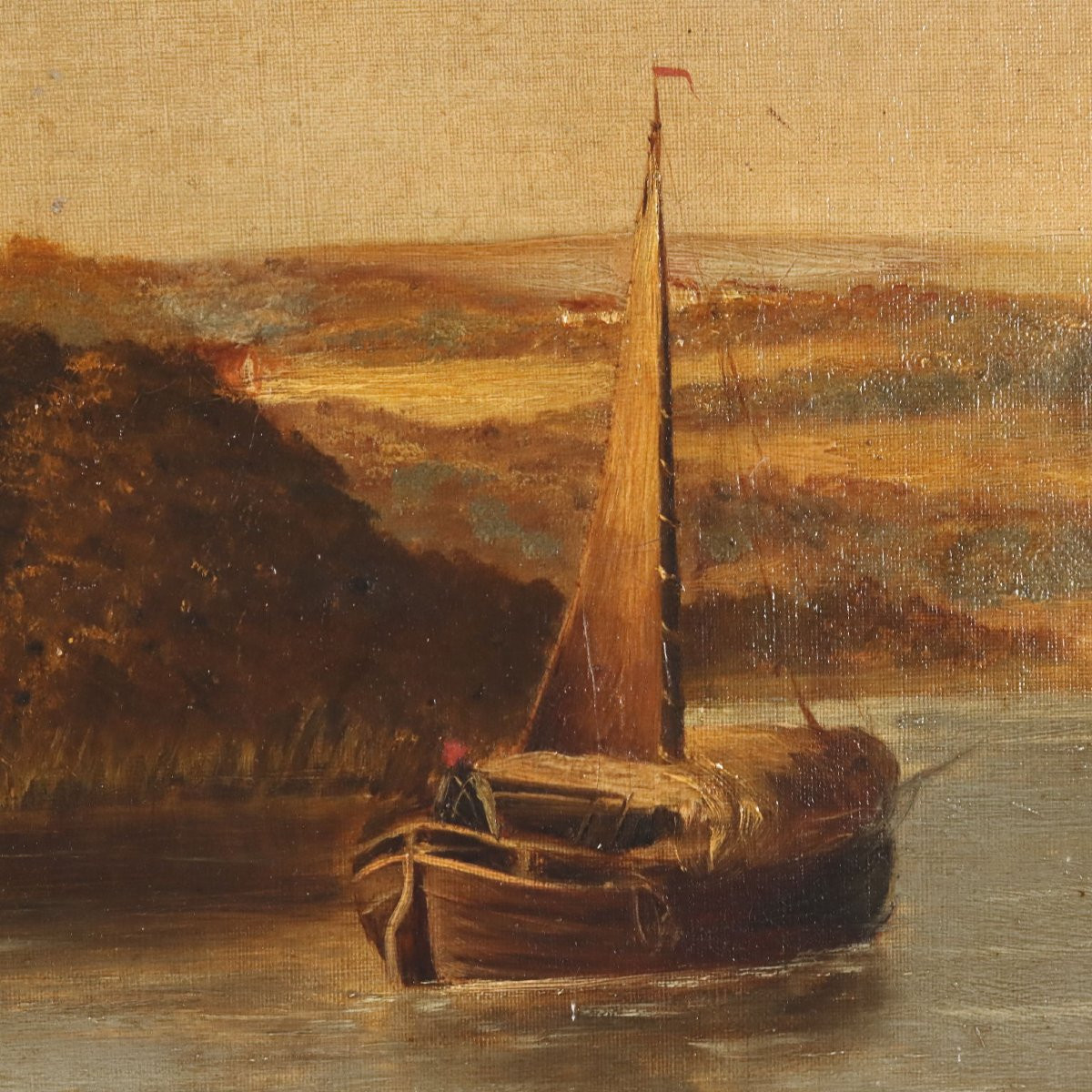Landscape With River Oil On Canvas Antique Painting Netherlands XIX Century-photo-1