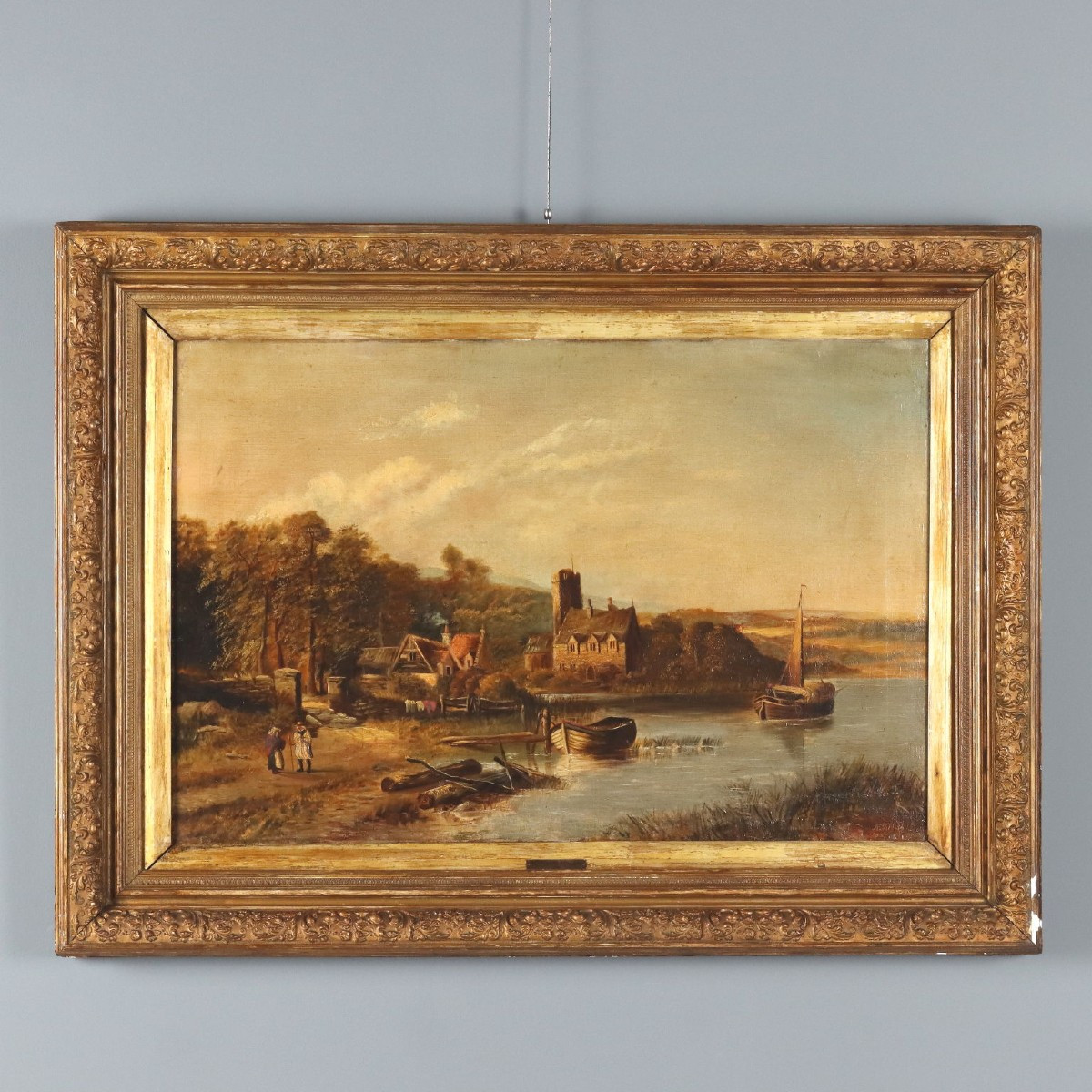 Landscape With River Oil On Canvas Antique Painting Netherlands XIX Century