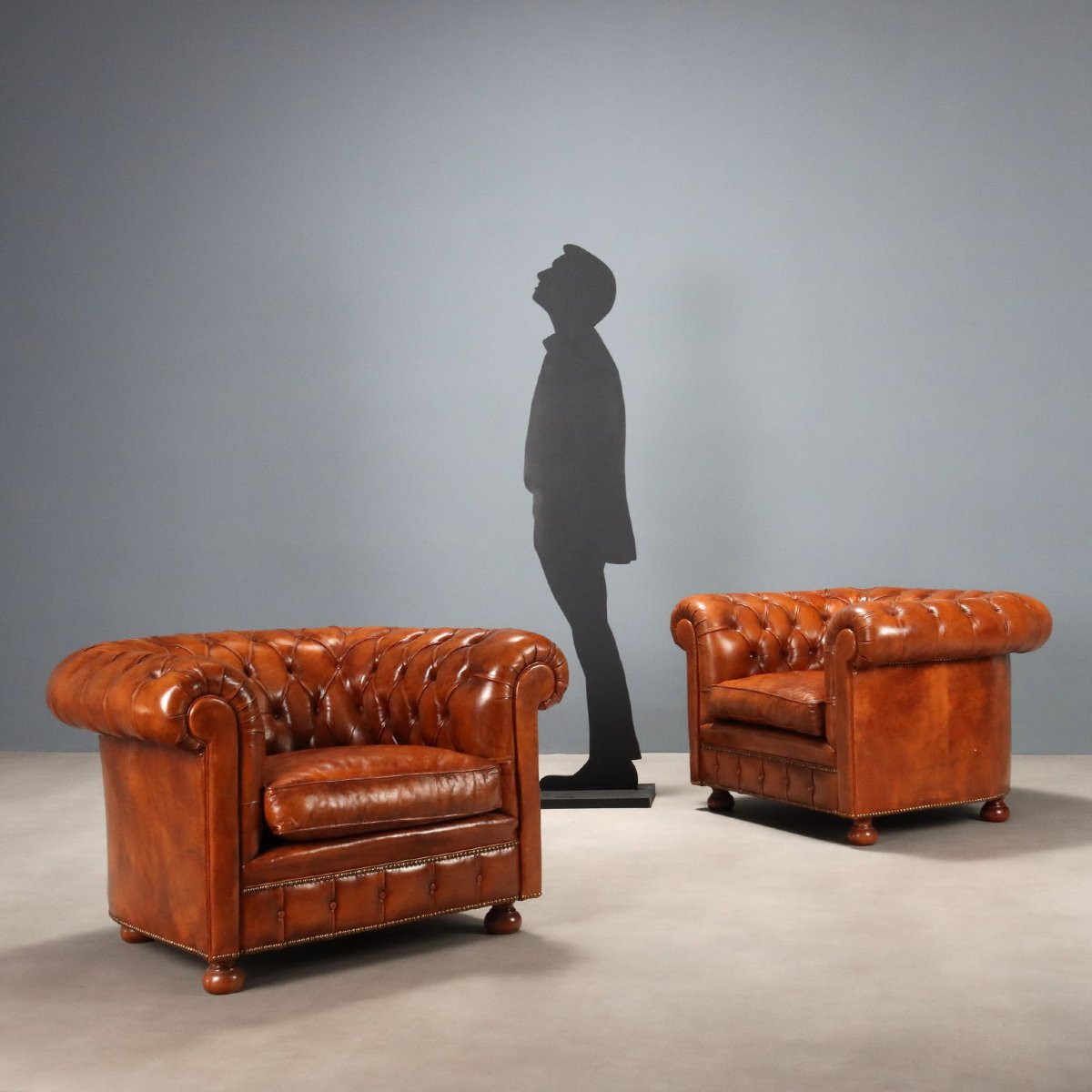 Fauteuils Anciens Style Chesterfield Cuir Hêtre Teinté XXe Siècle-photo-2