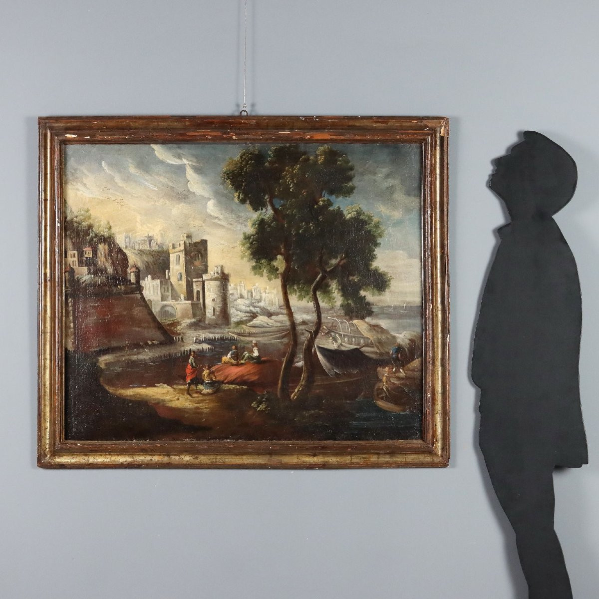 Tableau Ancien avec Figures et Batîments Huile sur Toile XVIIIe Siècle Original-photo-2
