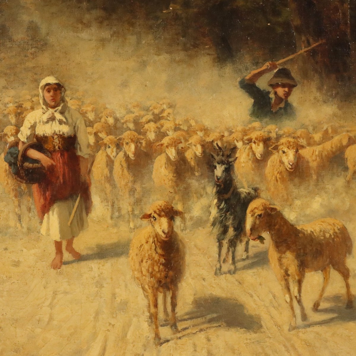 Antique Painting Landscape With Flock And Shepherds XIX Century-photo-4