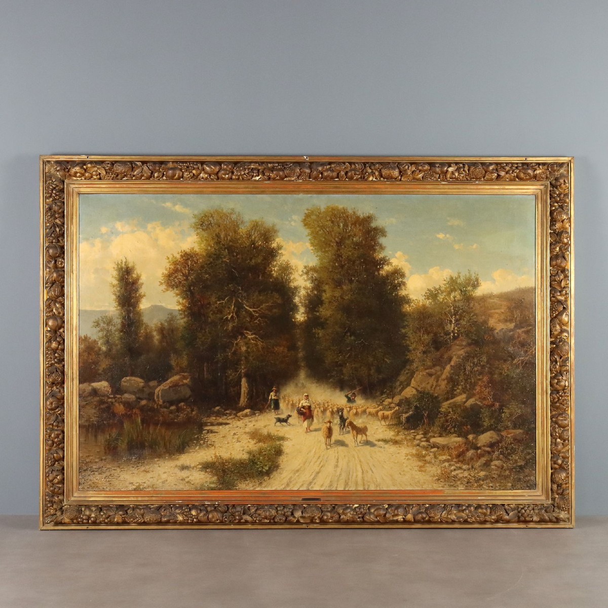 Antique Painting Landscape With Flock And Shepherds XIX Century