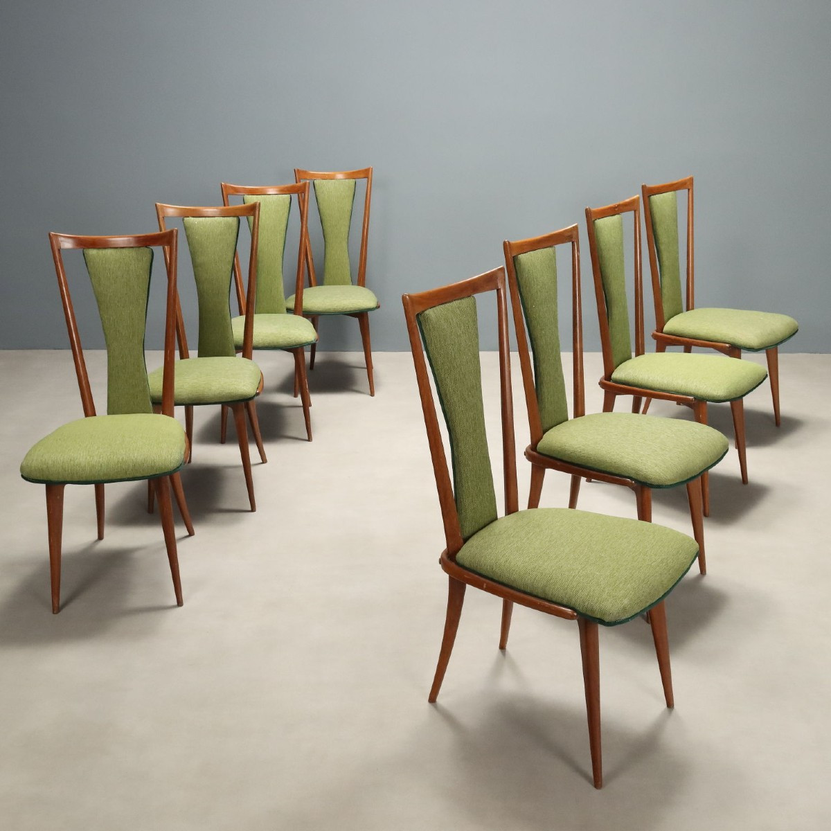 Proantic: Vintage Dining Room Chairs Wood Green Fabric Design Italy 19