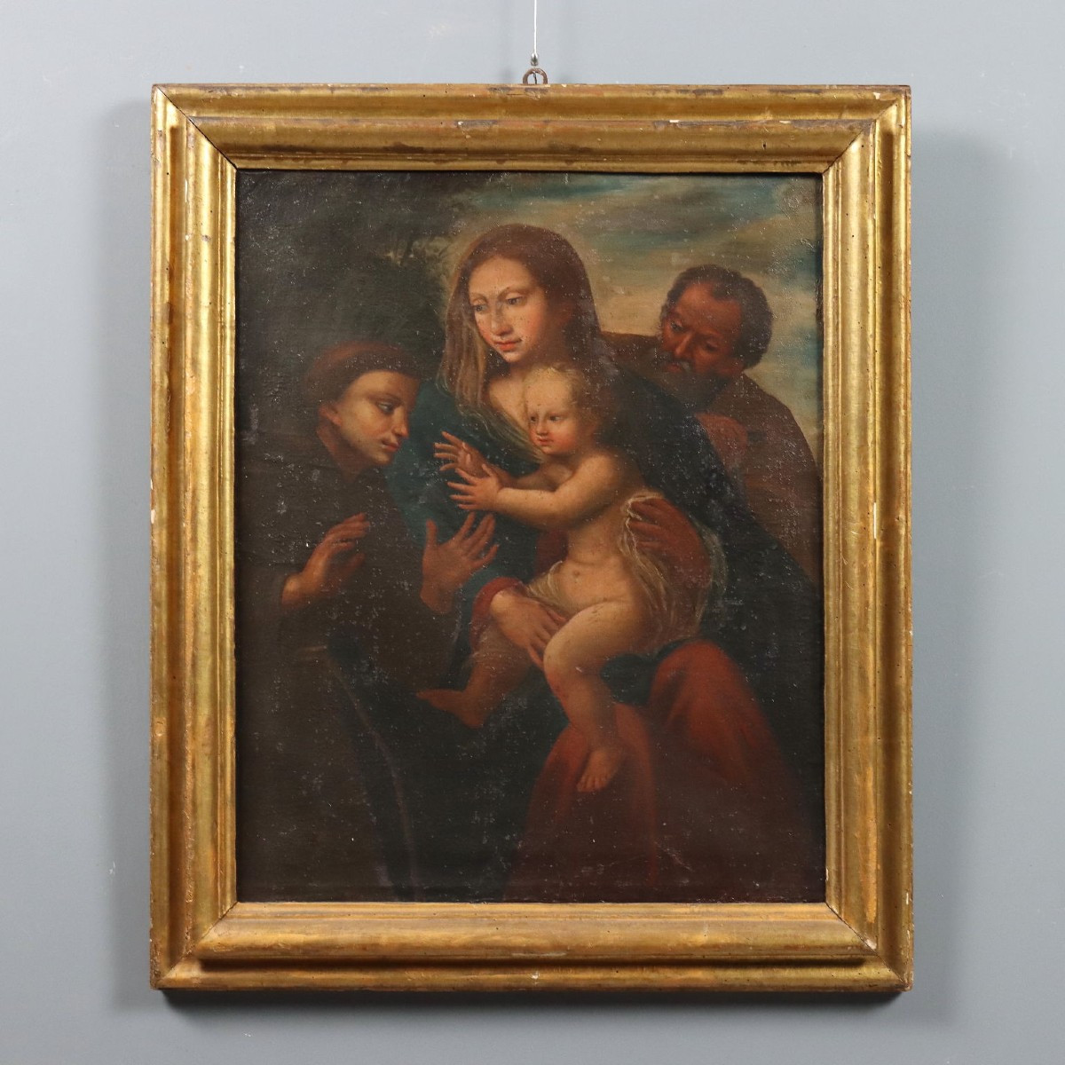 Antique Painting The Holy Family With Sant XVII-xviii Century