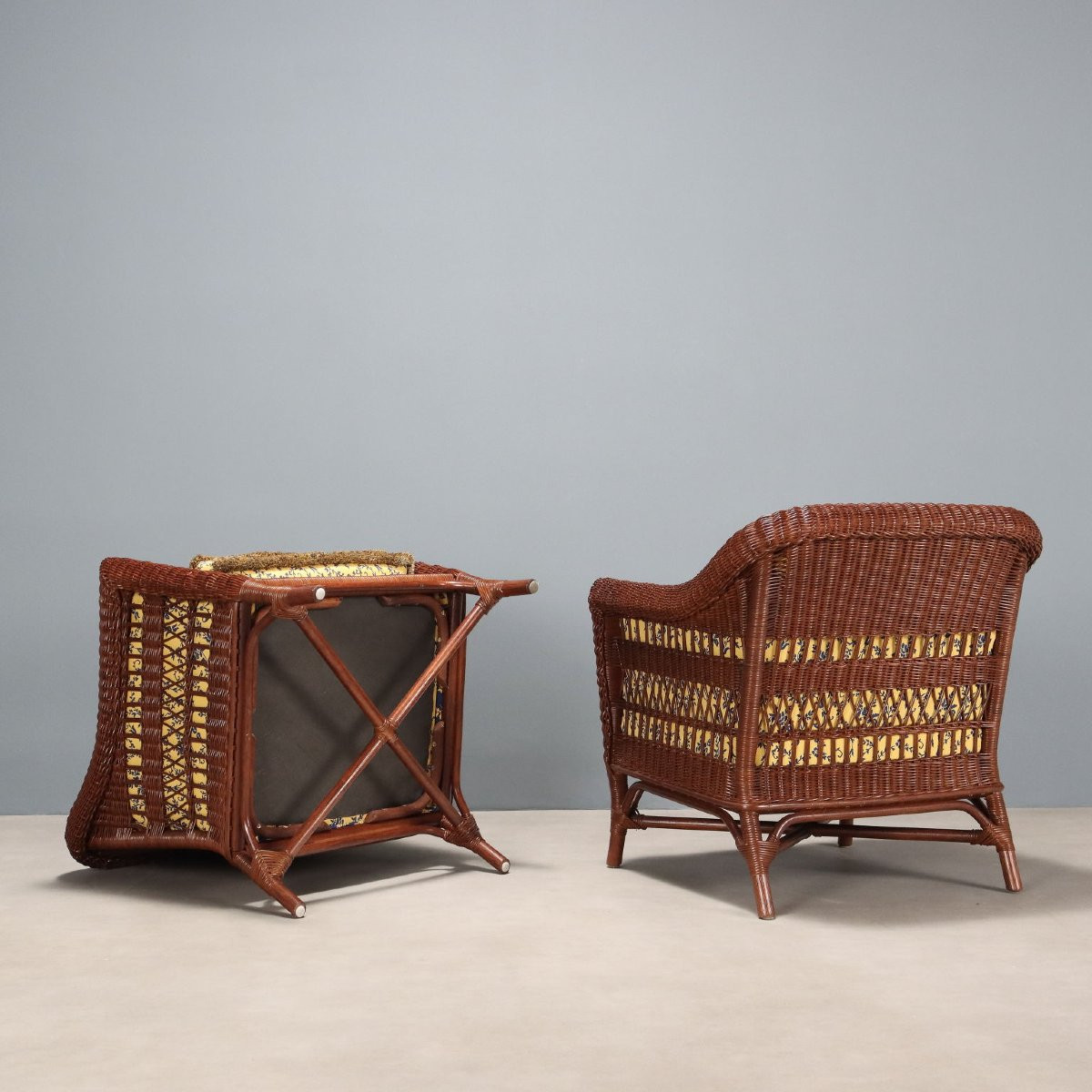 Antique Armchairs Rattan Padded Seat Italy XX Century-photo-5