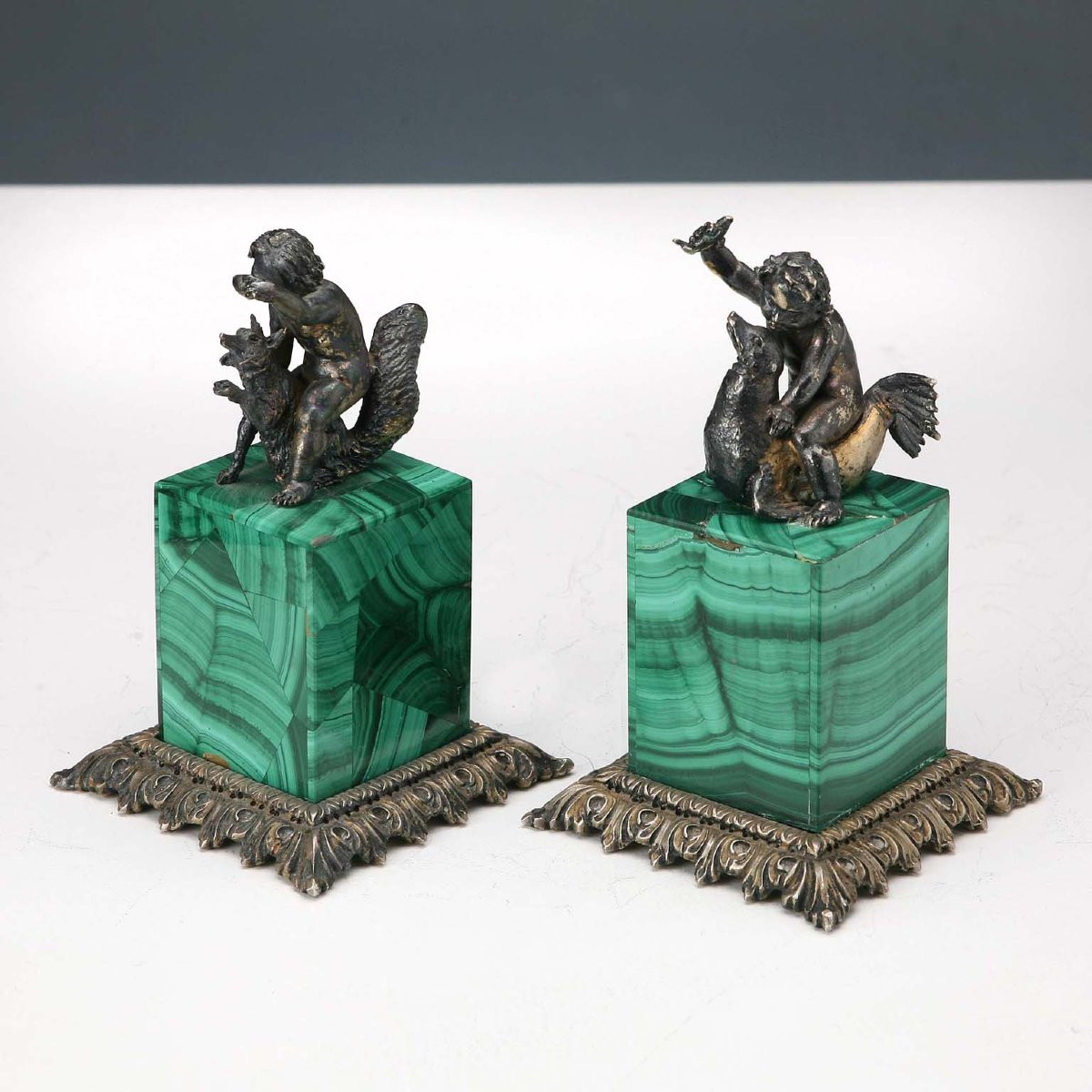 Group Of Sculptures In Silver And Malachite Italy First Quarter 20th Century-photo-1