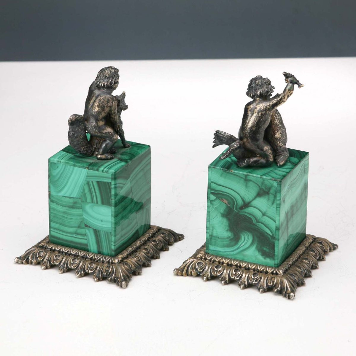 Group Of Sculptures In Silver And Malachite Italy First Quarter 20th Century-photo-2