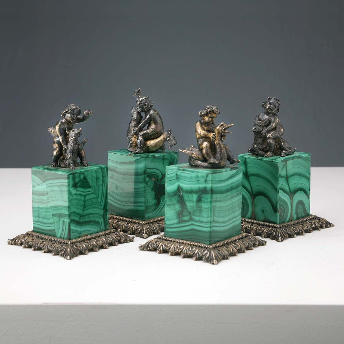 Group Of Sculptures In Silver And Malachite Italy First Quarter 20th Century
