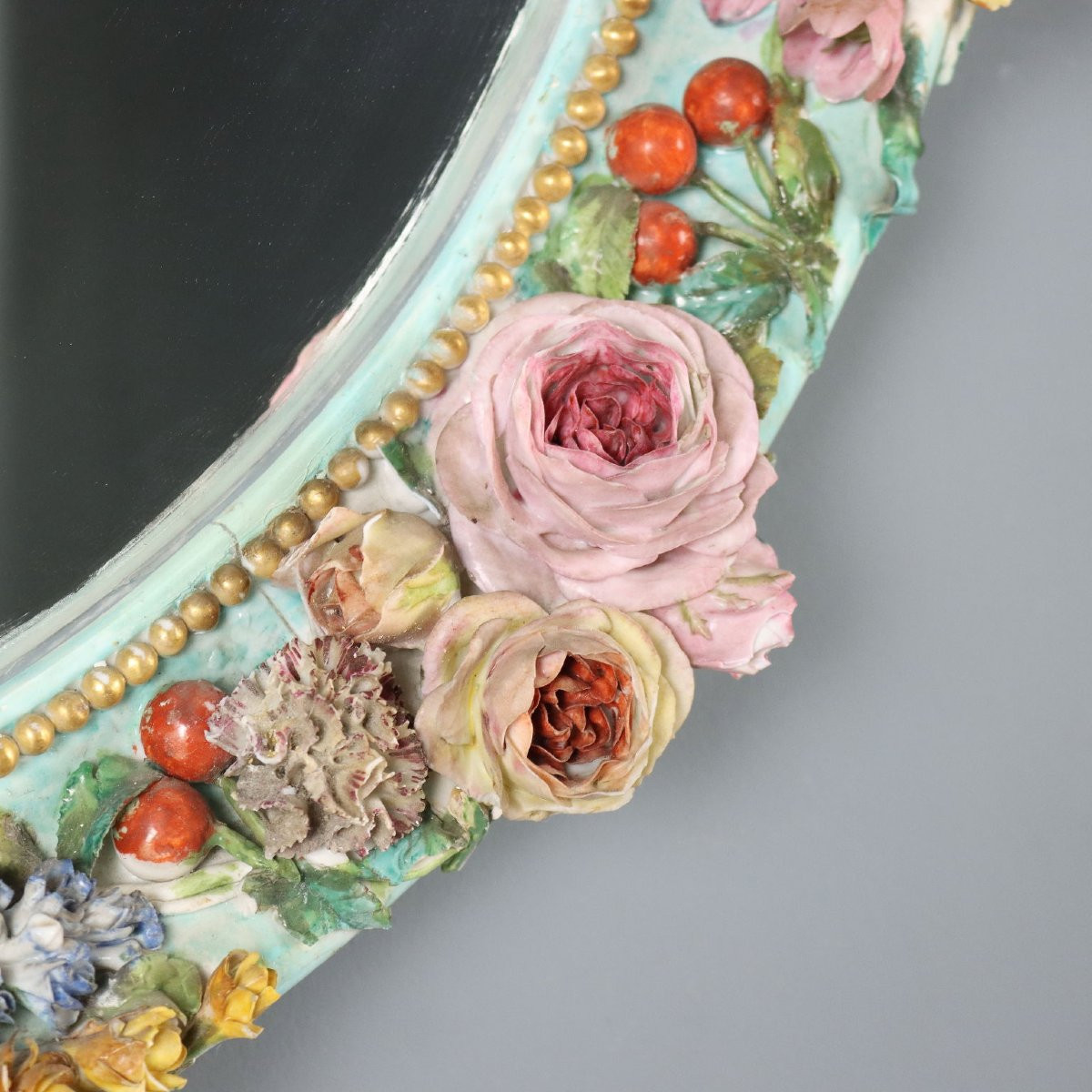 Miroir Ancien Cadré en Céramique Fleurs Italie du XIXe Siècle-photo-2